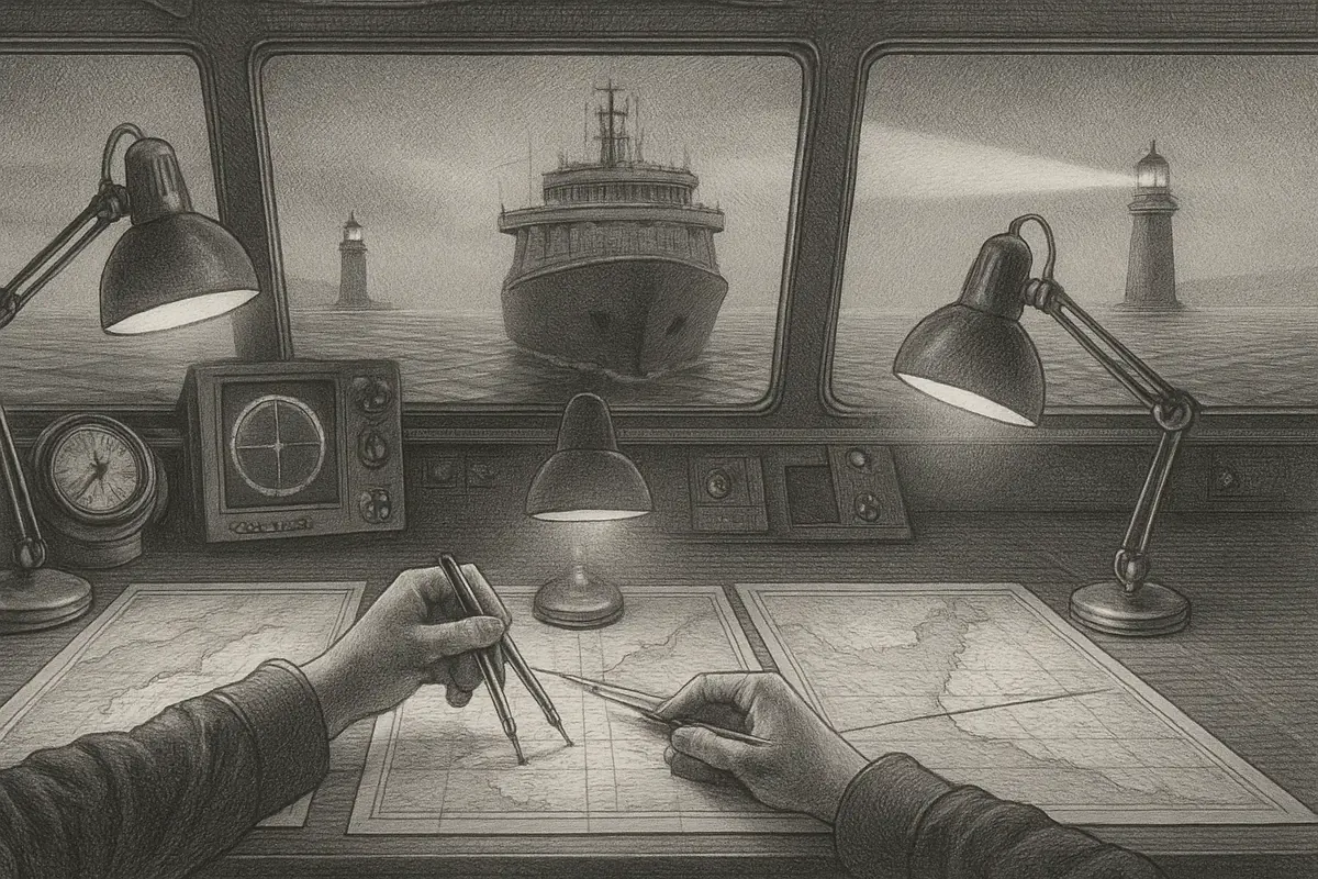 Illustration: a captain at the helm of a mid-sized vessel studying three separate navigation charts laid side by side on the deck, each chart lit differently and marked for a diffe