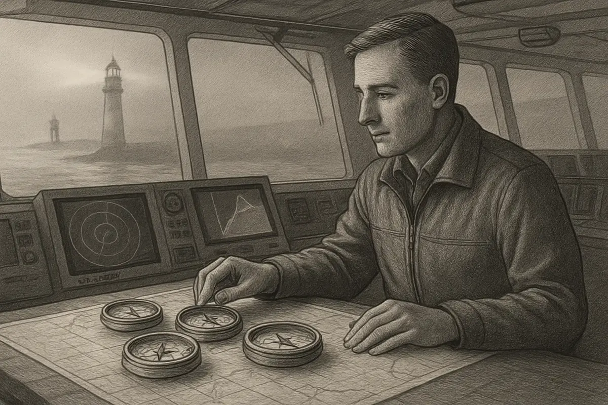 Illustration: a ship's captain standing at the wheel comparing several lighthouses along a rocky coastline, choosing which beam cuts most clearly through the fog to guide the vesse