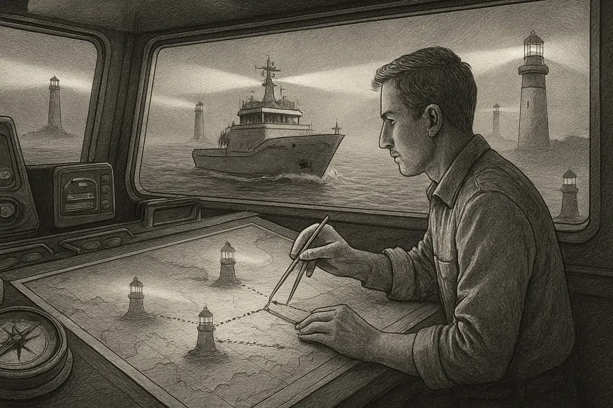Illustration: A ship's navigator plotting a course through a chain of buoys, each one marking a different stakeholder's checkpoint, guiding the vessel past a foggy shortlist of har