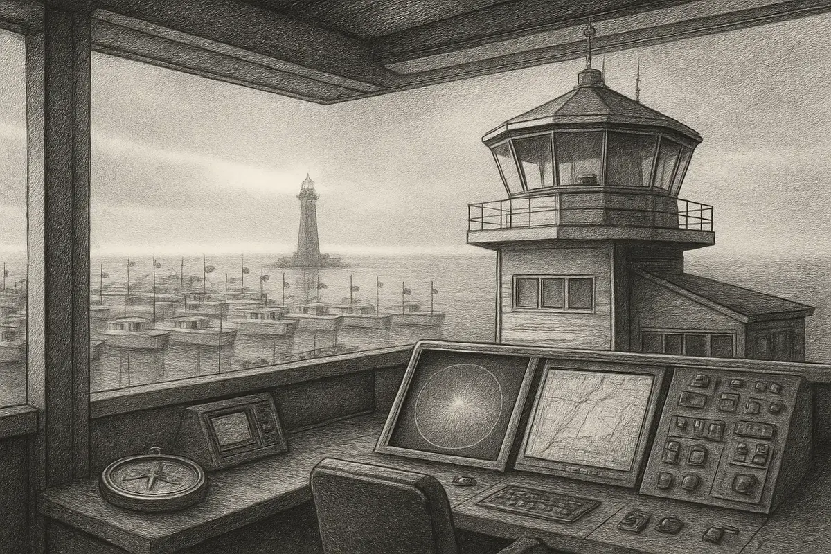 Illustration: a harbor pilot boat guiding several cargo ships, each flying a different flag, one by one into their own numbered docks