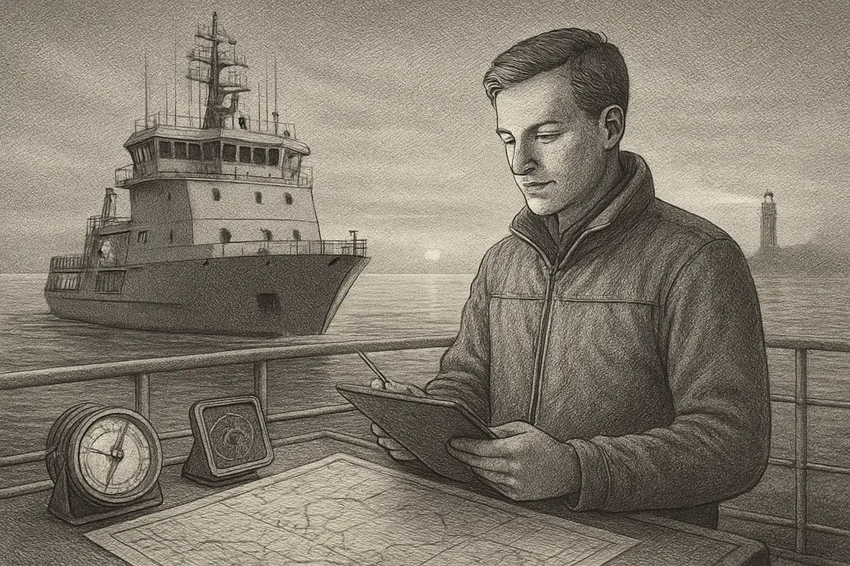Illustration: a ship's navigator running a hand down a printed checklist by lamplight while the compass and open charts confirm the course ahead through clearing fog
