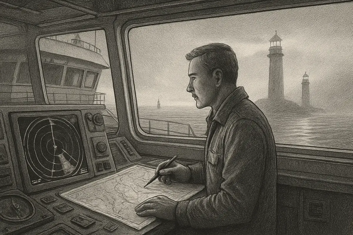 Illustration: A ship's navigator standing at the helm, cross-referencing a paper chart against radar readings before plotting a course through a narrow channel.