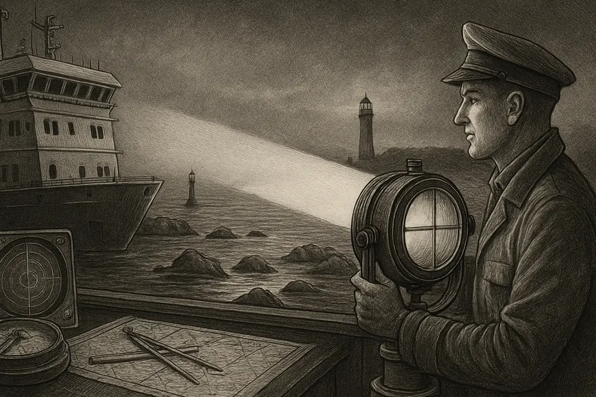 Illustration: a ship's navigator sweeping a wide-beam searchlight across dark open water, revealing hidden reefs and a clear channel through to safe harbor