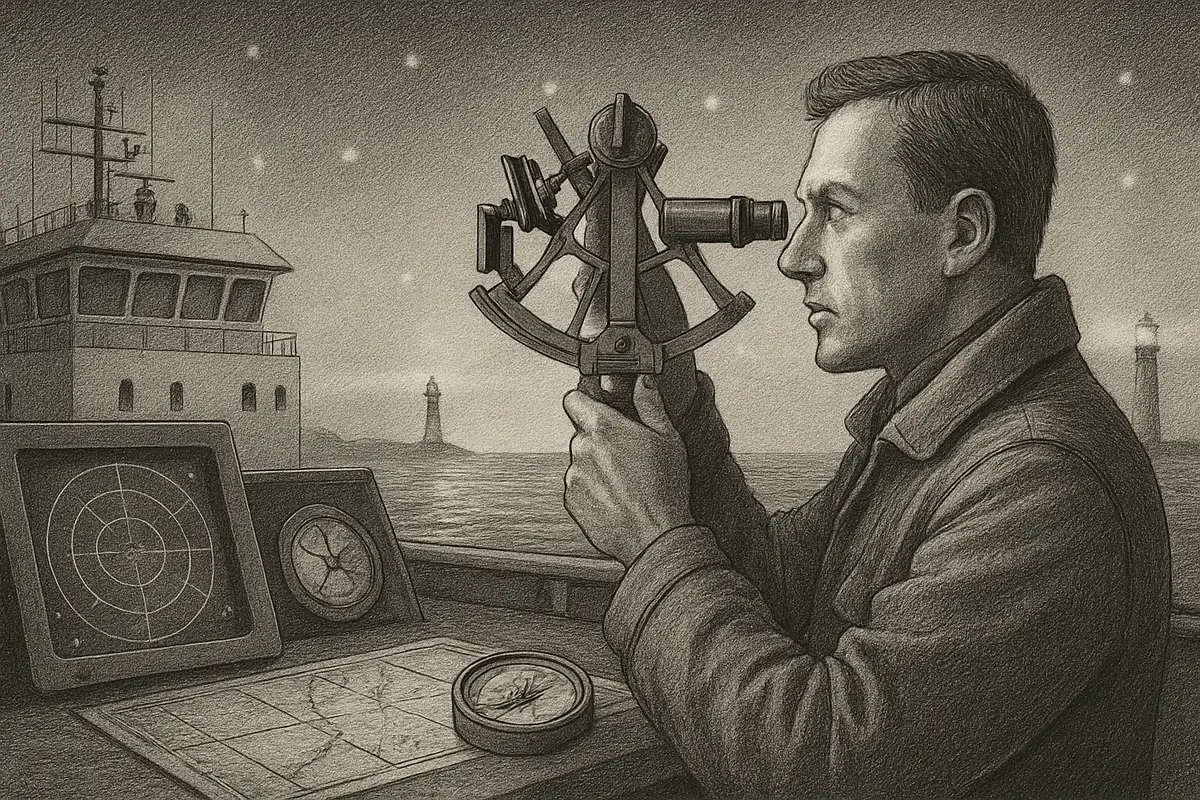 Illustration: a ship's navigator sweeping a sextant across the horizon, cross-referencing several stars at once instead of fixing on a single beacon