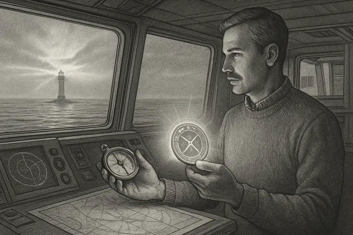 Illustration: a ship's navigator setting aside an old paper chart to plot a course using a glowing digital compass, as the horizon shifts from familiar coastline to open, uncharted