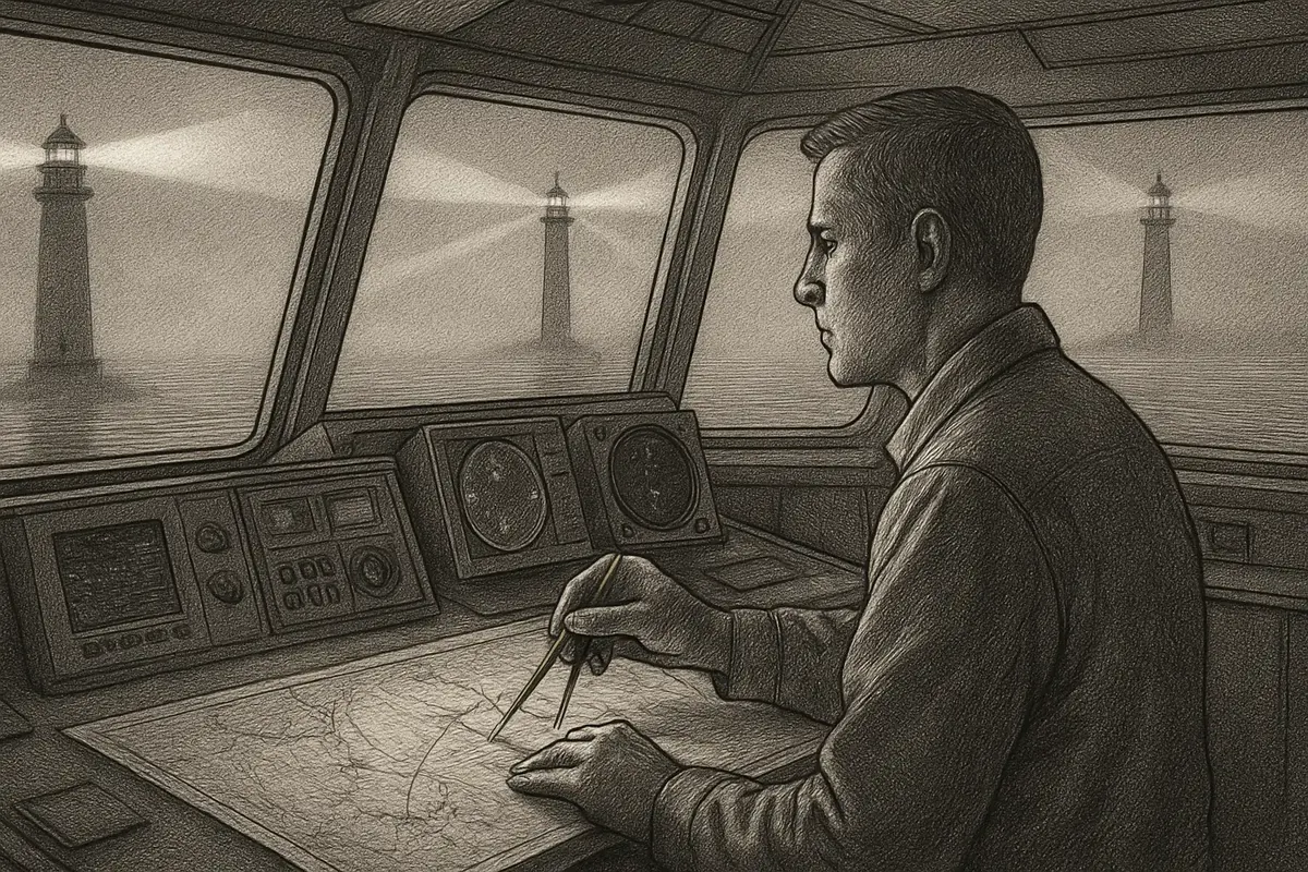 Illustration: a ship's navigator at the helm plotting a course by multiple lighthouse beams instead of just one, charting a path through fog toward open water