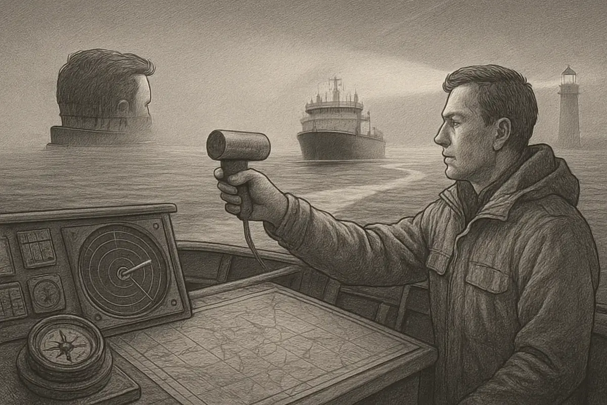 Illustration: a small fishing boat using a handheld radar scanner to track a much larger ship's wake across open water, guided safely around it by the signal
