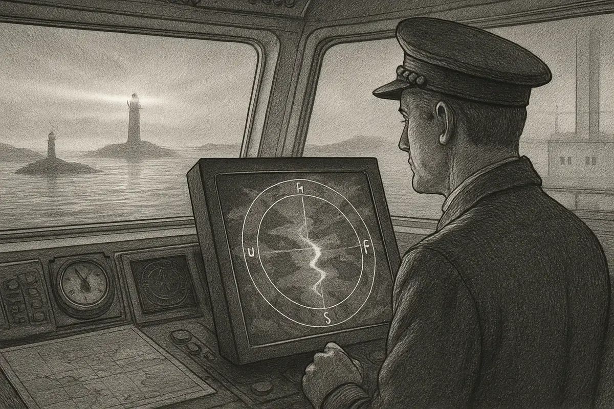 Illustration: a ship's captain studying a glowing digital compass that redraws the map in real time, revealing a single lit channel through scattered islands toward the harbor