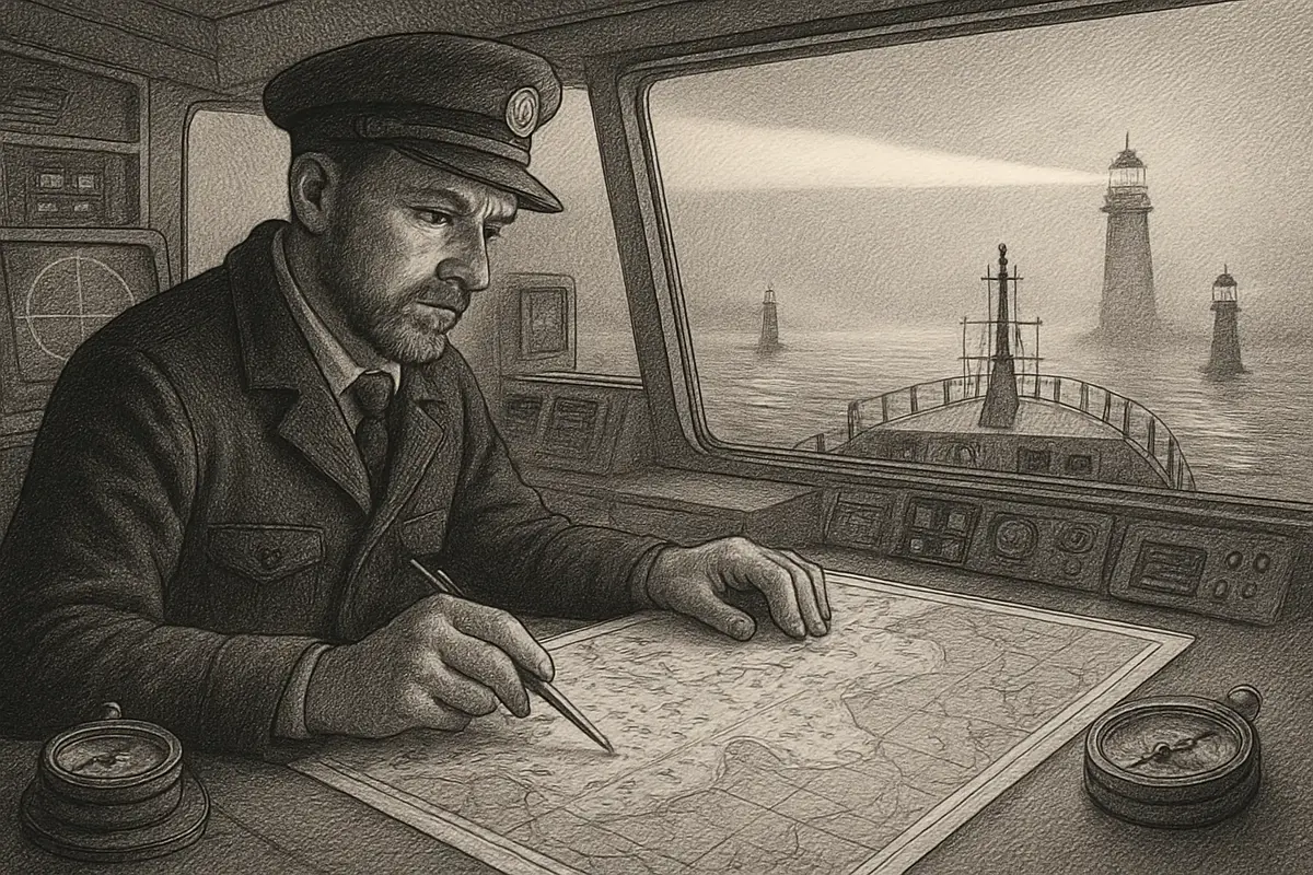 Illustration: a ship's captain checking a chart of verified depth soundings before entering a harbor, each marked sounding representing a trust signal that keeps the vessel from ru