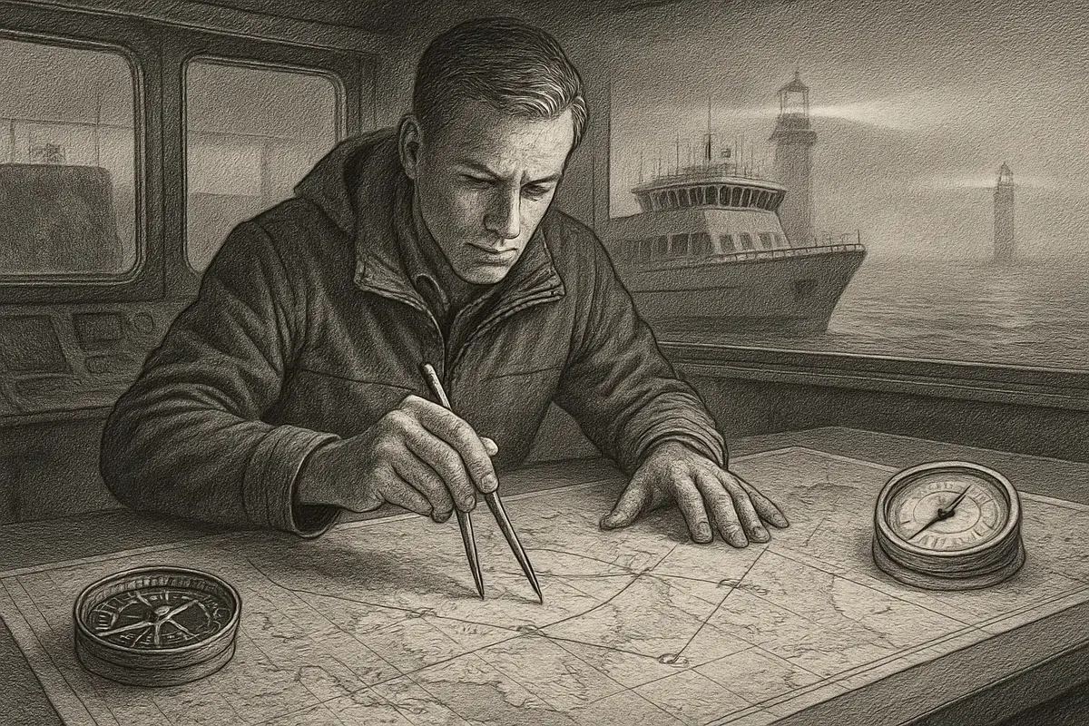Illustration: a ship's navigator studying a chart table by lamplight, plotting a clear course through scattered buoys toward a lighthouse beam