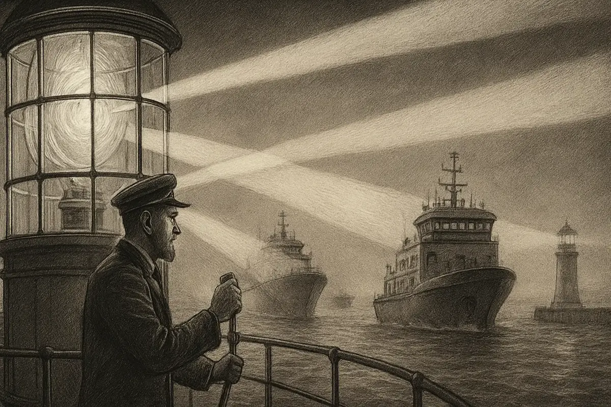 Illustration: a lighthouse keeper sweeping several colored beams across a foggy harbor at once, each beam picking out a different ship representing a different buying-committee sta