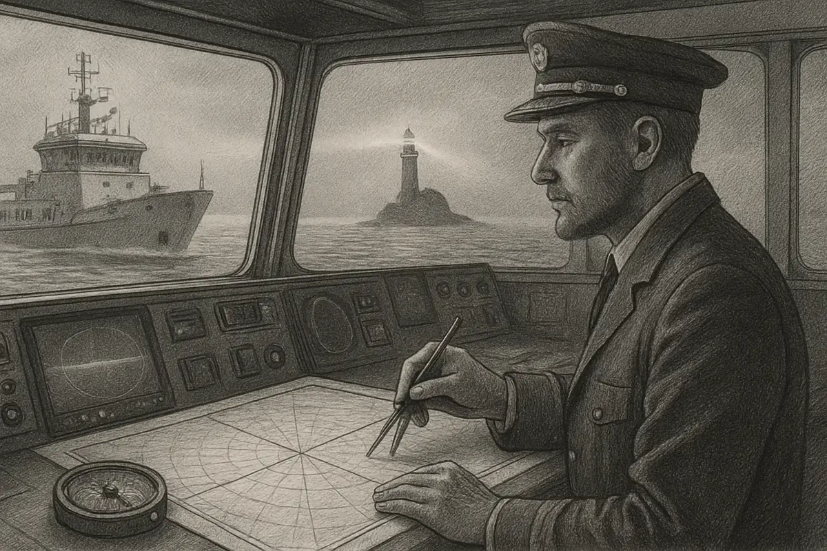 Illustration: a ship's captain at the helm plotting a course by lantern light, compass and chart spread out, choosing one clear channel through the fog instead of chasing every dis
