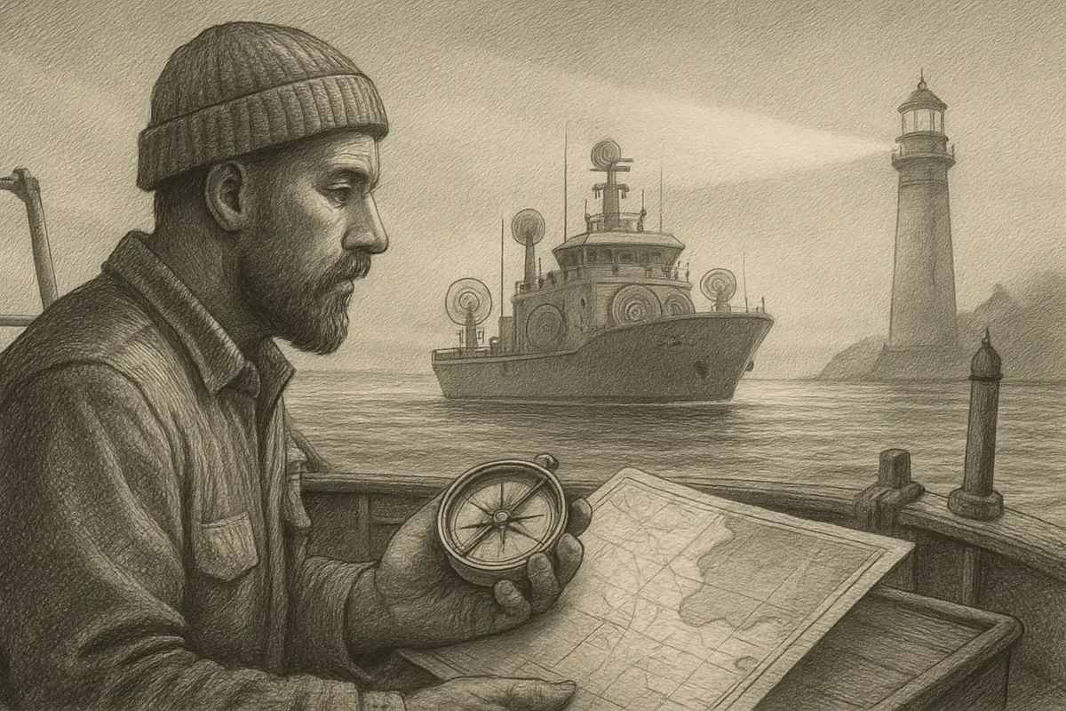 Illustration: a small fishing boat reading shoreline landmarks and a handheld compass to chart the same course as a much larger ship running full radar and sonar