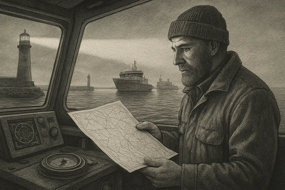 Illustration: a small sailboat's captain using a hand compass and a paper chart to plot a clear course through open water, while distant tankers rely on massive radar arrays to do
