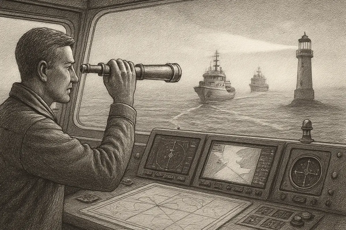 Illustration: a ship's navigator at the helm using radar to spot other vessels' courses through open fog, plotting a clear line to open water while the other ships remain hazy on t