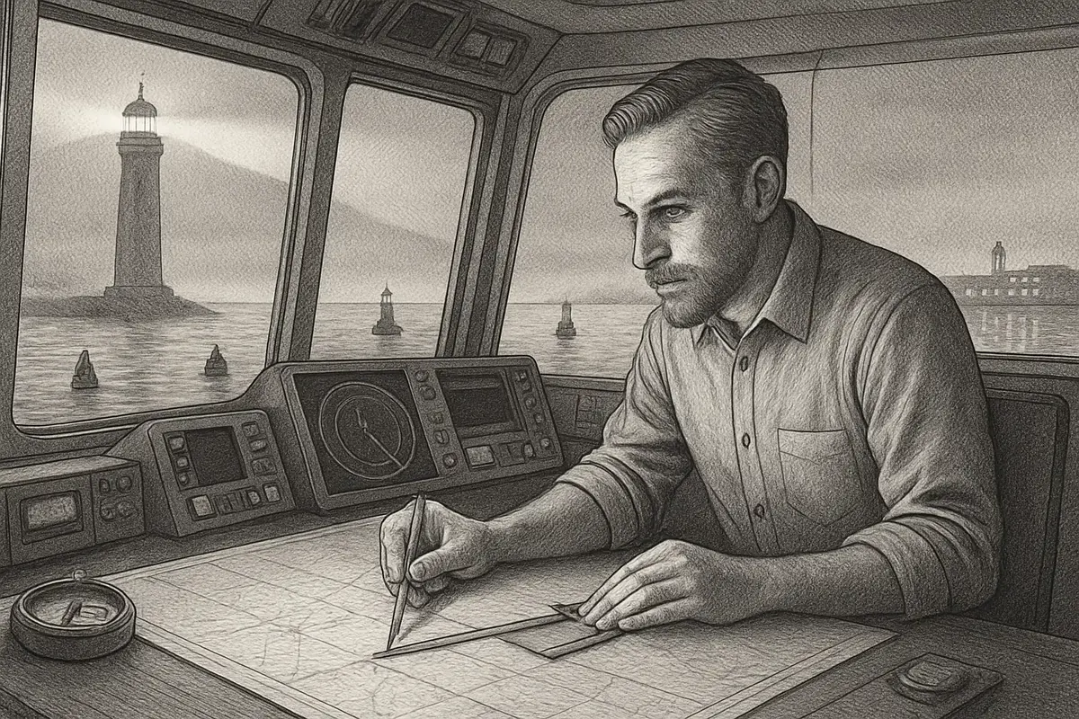 Illustration: a ship's navigator plotting a single clear course line across a chart covered in scattered, crossed-out routes, with a lighthouse beam marking the destination port