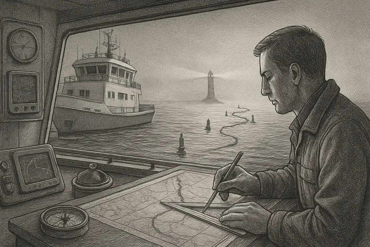Illustration: a ship's navigator charting a course through choppy water, testing each heading with a compass before committing full sail toward a distant harbor