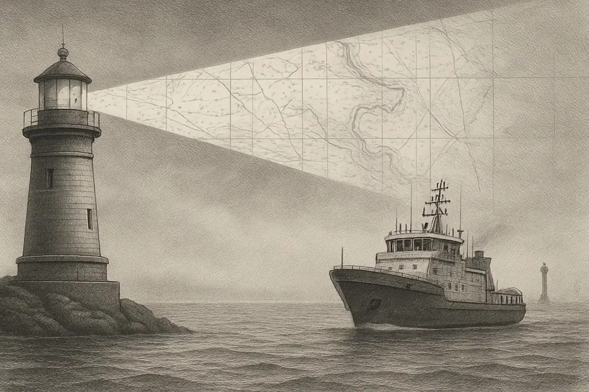 Illustration: a lighthouse beam cutting through dense fog to guide a fleet of ships toward the single narrow channel that leads to safe harbor