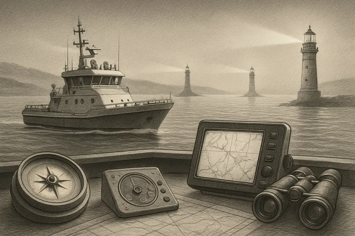 Illustration: A small fishing boat checks its position against a row of distant lighthouses marking a wider shipping channel, using their fixed lights to chart a safe course forwar