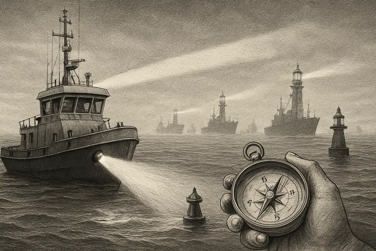Illustration: a small fishing boat using a hand compass and a single buoy light to chart a safe course past larger ships crossing the same harbor