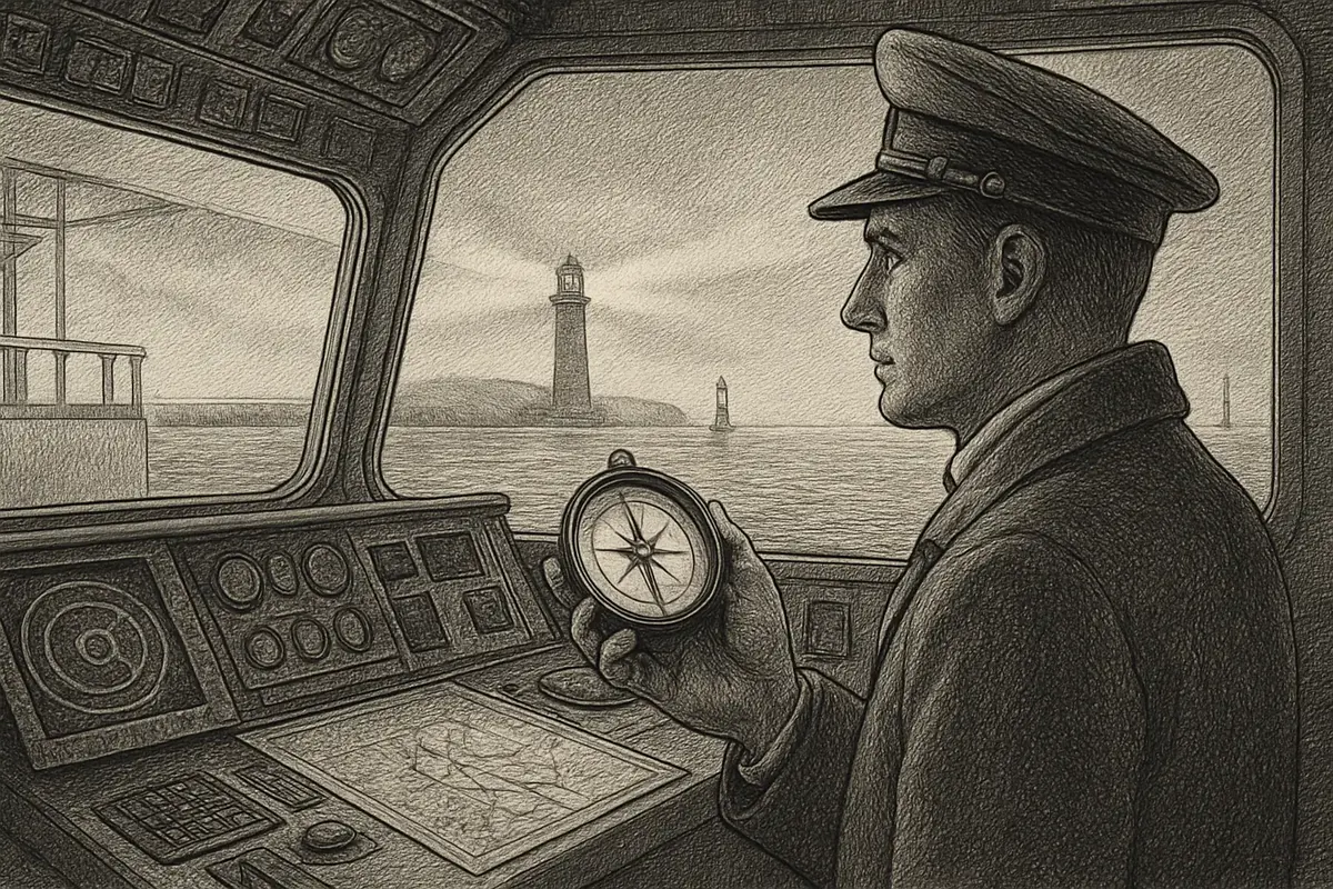Illustration: a ship's captain at the helm checking a compass and depth gauge instead of watching the sails, steering by direction and distance rather than wind speed alone