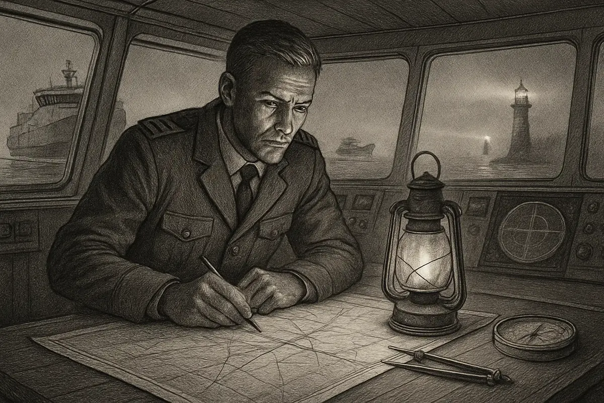Illustration: a ship's navigator comparing several compasses spread across a chart table, choosing the one true reading while the others point in slightly different directions