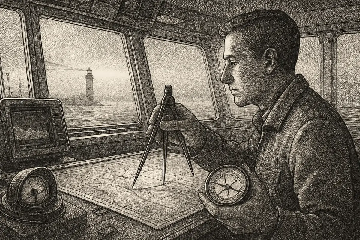 Illustration: a ship's navigator plotting a slow, deliberate course across a wide chart while faster coastal boats speed past on a shorter, more direct route