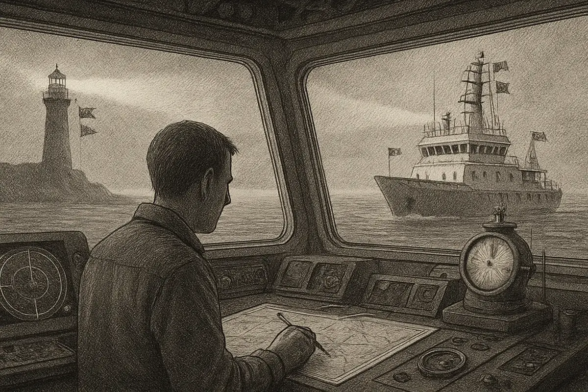 Illustration: a ship's crew reading signal flags raised on distant lighthouses and passing vessels, using those outside confirmations to chart a trusted course through open water