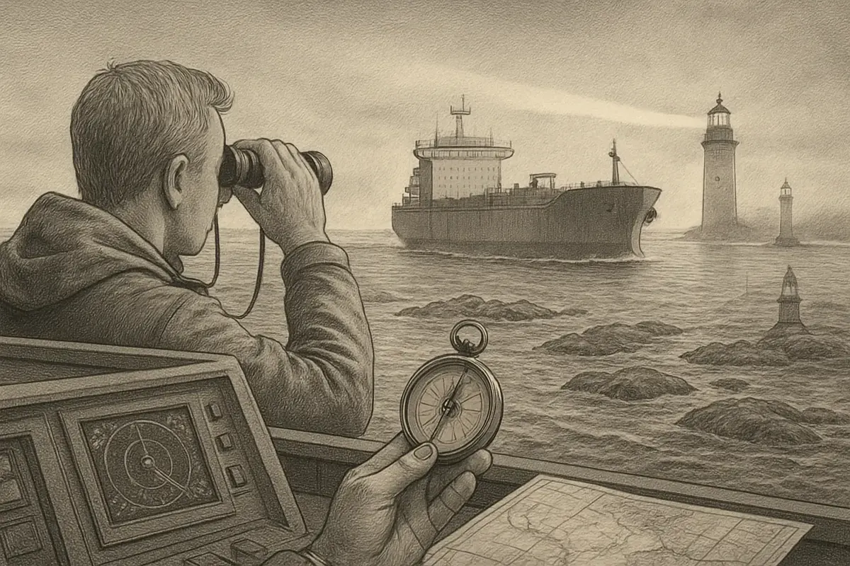 Illustration: a small fishing boat tracking a steady course past much larger tankers, its crew reading a compact hand-held compass instead of a full bridge of instruments