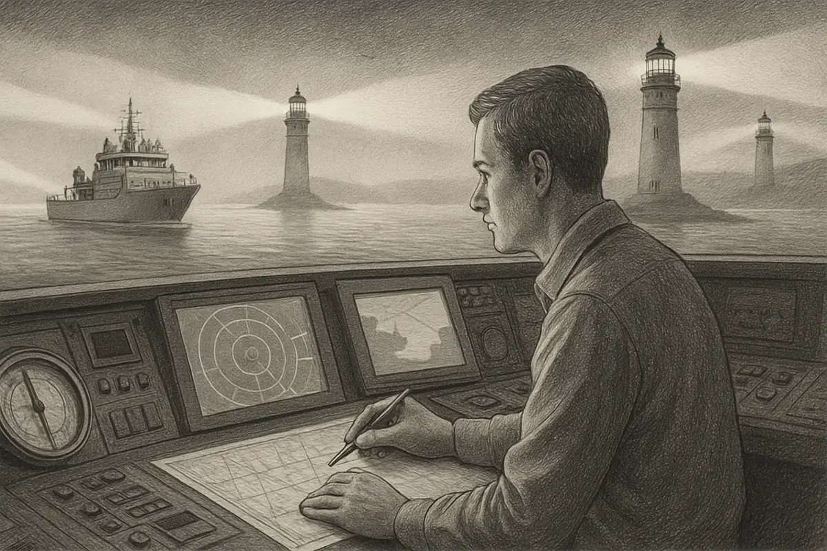 Illustration: a captain on a ship's bridge reading a row of signal flags raised across a crowded harbor, tracing a line from each flag to a course correction marked on the chart