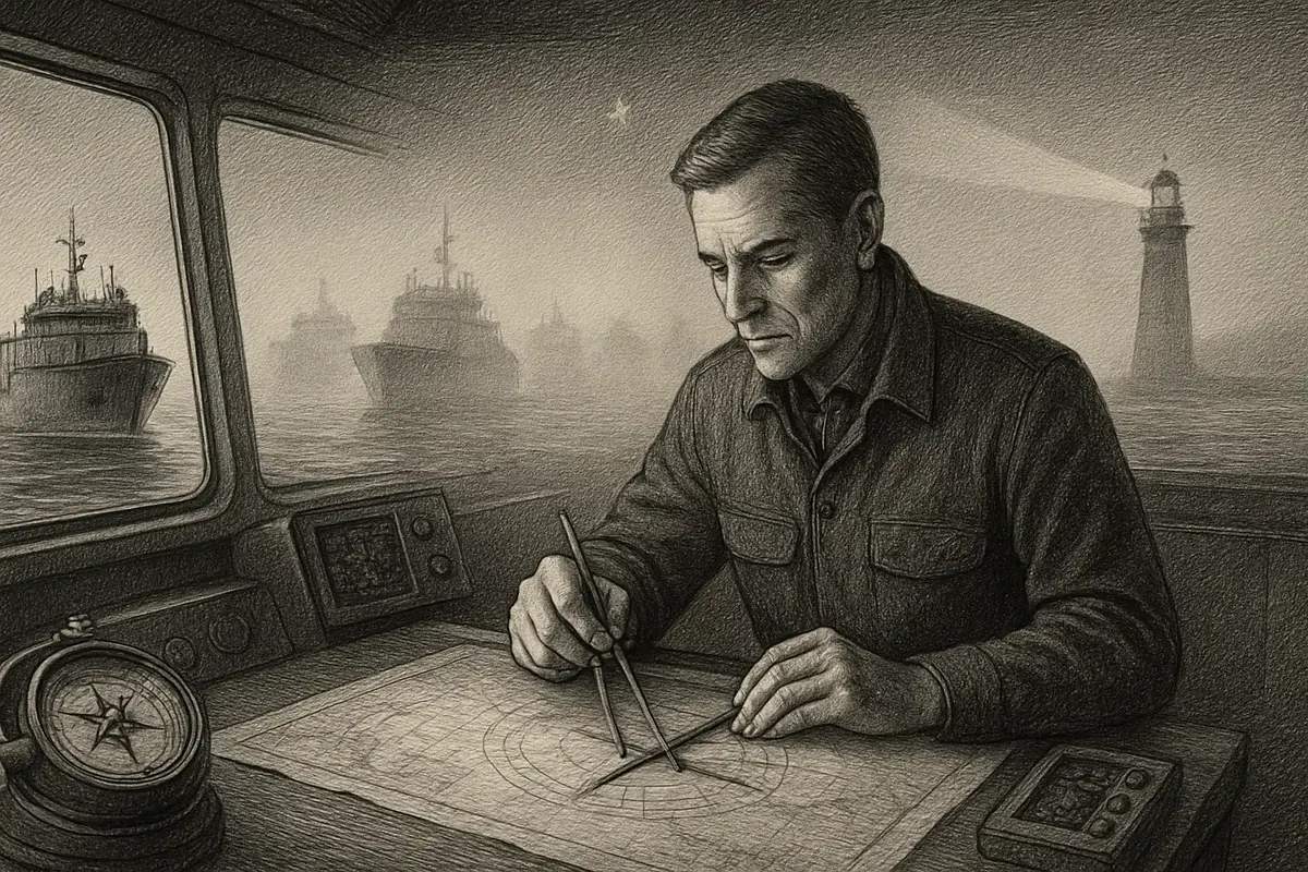 Illustration: a ship's captain at the helm turning toward a single lit buoy in open water, while a cluster of unlit, identical boats drift together in the fog behind