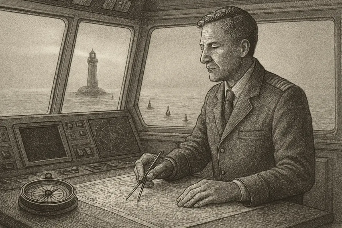 Illustration: a ship's navigator plotting a course on a chart table, compass and sextant in hand, with a clear 90-day route marked toward a lighthouse on the horizon