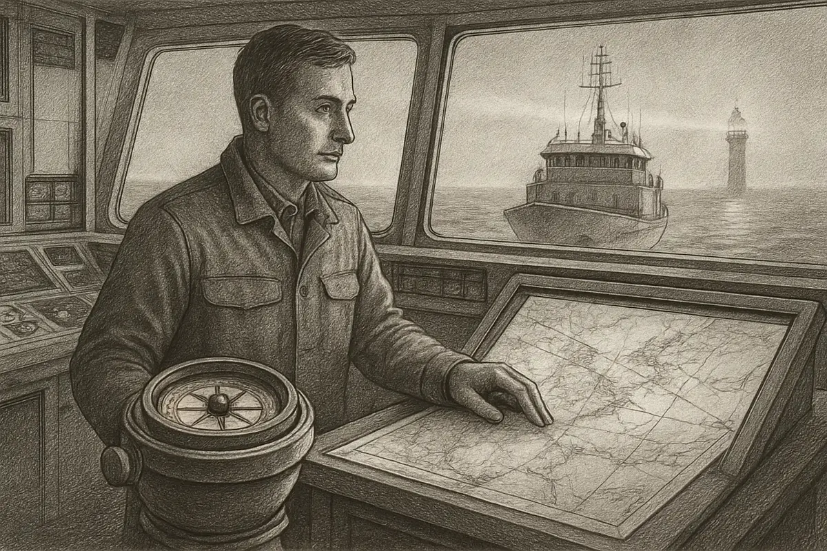 Illustration: a ship's captain standing at the helm comparing two compasses side by side, one pointing toward a lighthouse (data routing) and one toward open charted water (measure