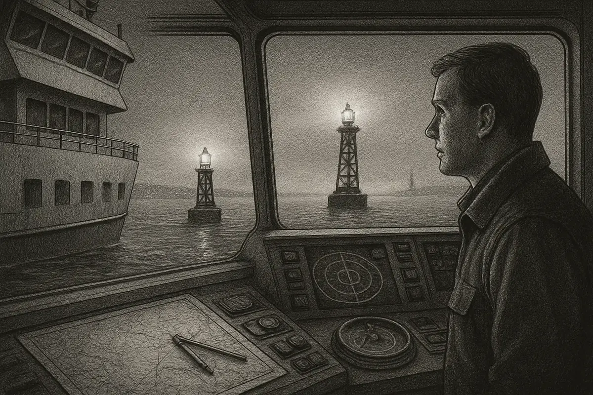 Illustration: a ship's navigator comparing two lit buoys in a busy harbor, choosing which channel markers to trust before steering toward open water