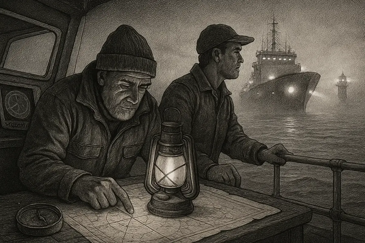 Illustration: a small fishing boat's crew reading a hand-marked chart by lantern light, spotting a much larger ship's running lights through the fog in time to change course