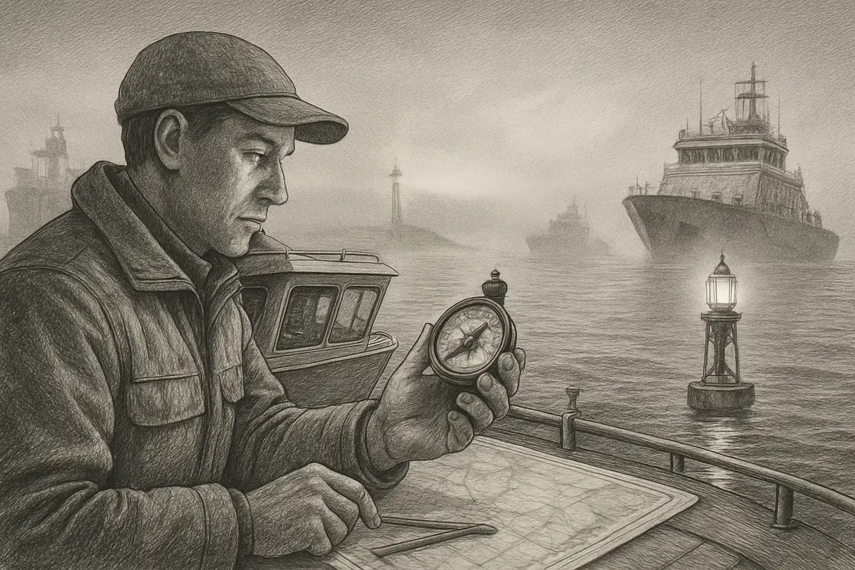 Illustration: a small sailboat with a hand-held compass reading the wake of larger ships ahead, plotting a clear course through the same water without their size or instruments