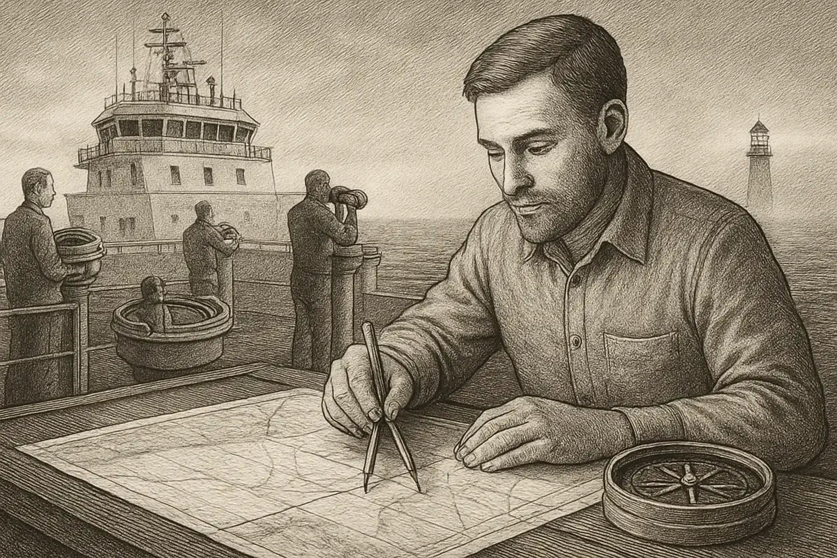 Illustration: a ship's navigator plotting a course by combining several compass readings from crew members stationed around the deck, instead of trusting a single instrument