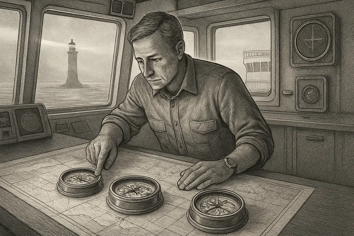 Illustration: a small crew on a fishing boat using a radar screen to pick out one real signal from dozens of overlapping blips on open water