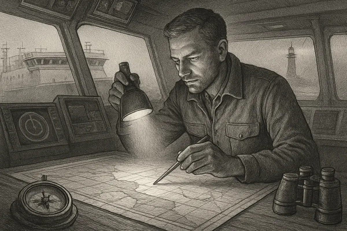 Illustration: a small crew on a survey boat taking depth soundings along a faded harbor chart, marking which channels are silted up and which are still deep enough to sail, before