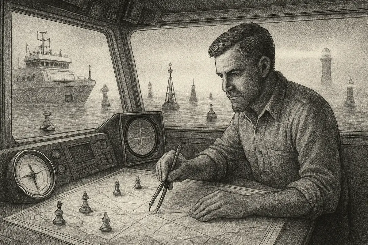 Illustration: a ship's navigator at the helm adjusting course by a lighthouse beam, with several smaller boats representing different buyer personas following the same guided path