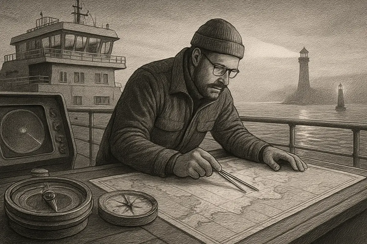 Illustration: a navigator laying a chart out on deck at first light, marking safe channels and hazards so the crew can set a confident course toward harbor