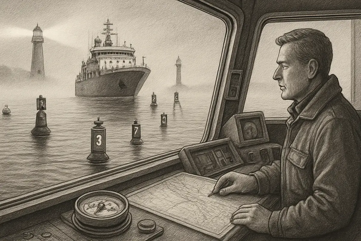 Illustration: a harbor pilot replacing a scatter of unmarked buoys with a single row of clearly lettered channel markers, guiding a ship straight through the fog to dock