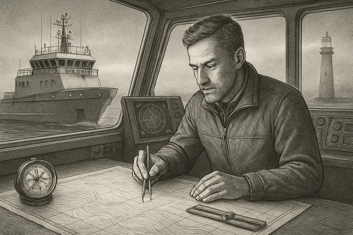 Illustration: A ship's crew charting the same familiar strait so many times the buoys have grown faint in the fog, prompting the navigator to plot a fresh channel before visibility