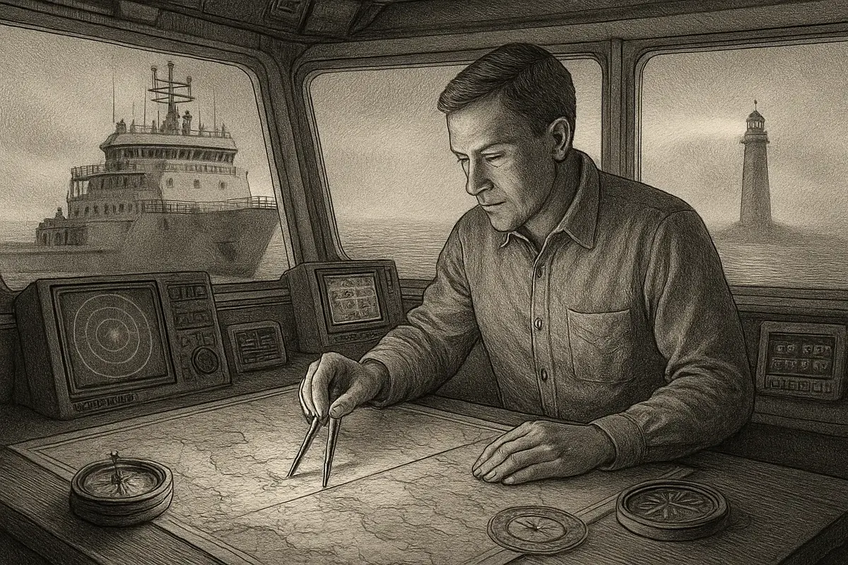 Illustration: a ship's navigator at the chart table narrowing a wide, cluttered map down to a single clear course line toward a lighthouse