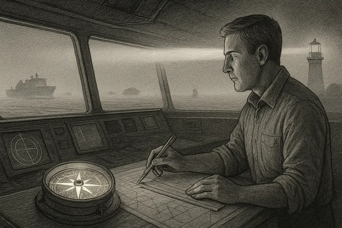 Illustration: a ship's navigator using a modern digital compass alongside a traditional sextant to chart a steady course through open water, old and new instruments working togethe