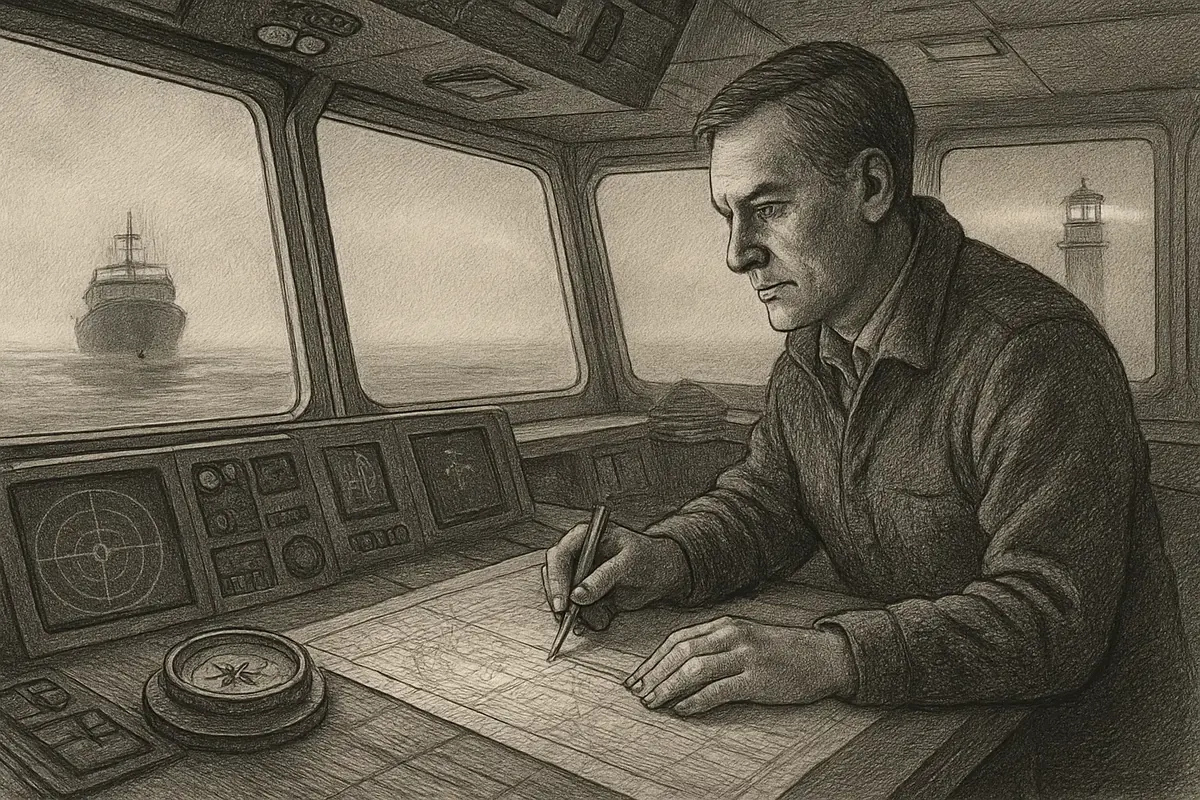 Illustration: a ship's navigator at a chart table cross-referencing scattered log entries and instrument readings to plot one clear course through fog