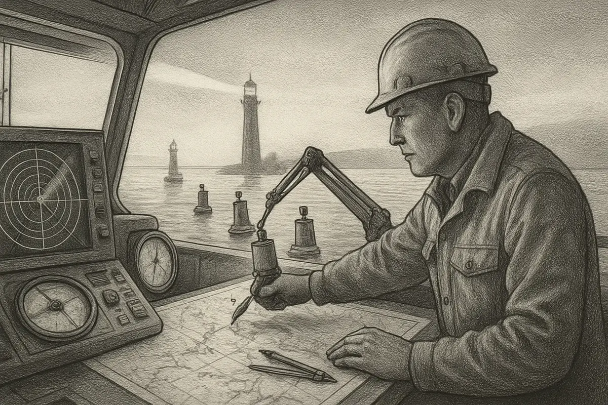 Illustration: a ship's brass nameplate polished bright and clearly legible as the fog around the hull clears, letting nearby vessels identify the ship at a distance