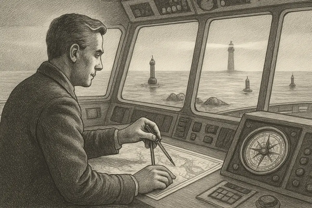 Illustration: a ship's navigator cross-checking the compass against the stars before setting a new heading through open water