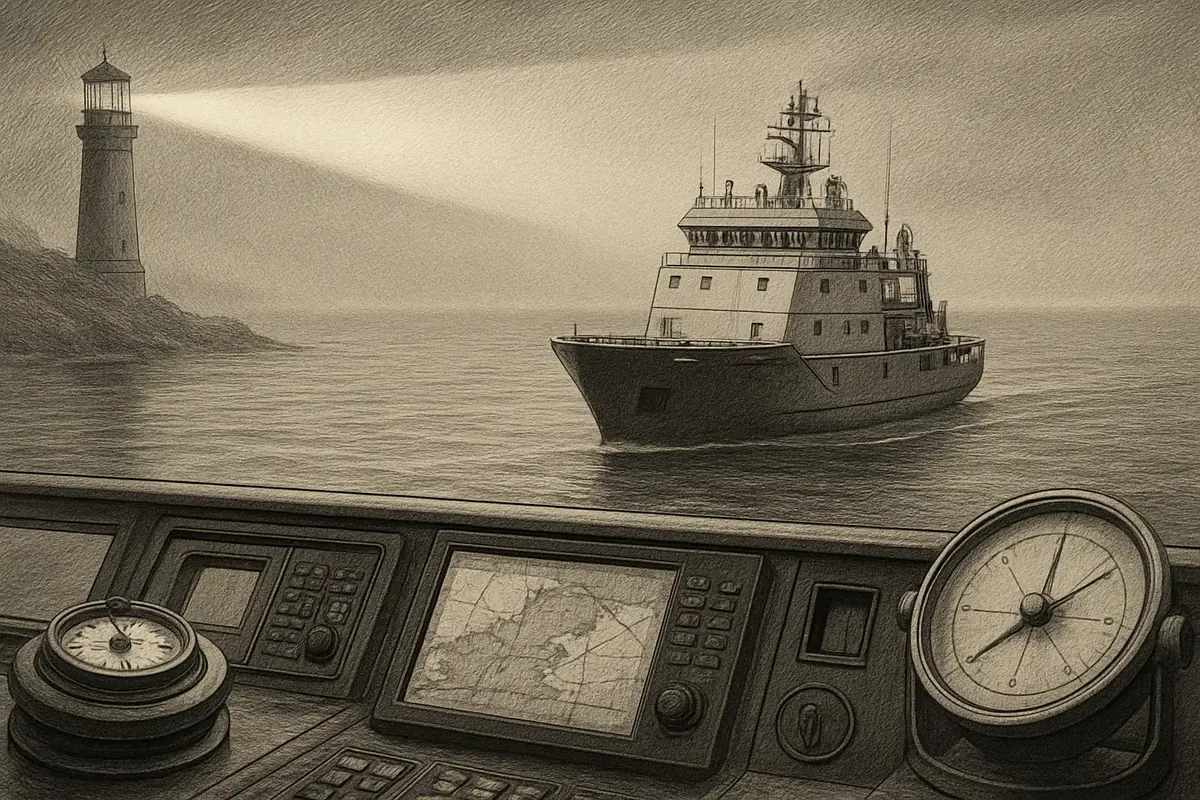 Illustration: a lighthouse beam cutting through fog to guide a single vessel safely into harbor, while other ships drift unseen in the mist