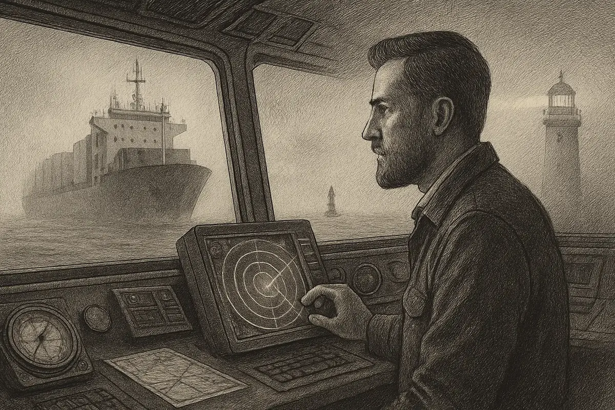 Illustration: a ship's navigator at the helm consulting an illuminated compass while a lighthouse beam sweeps across dark water, revealing which vessels are visible on the horizon